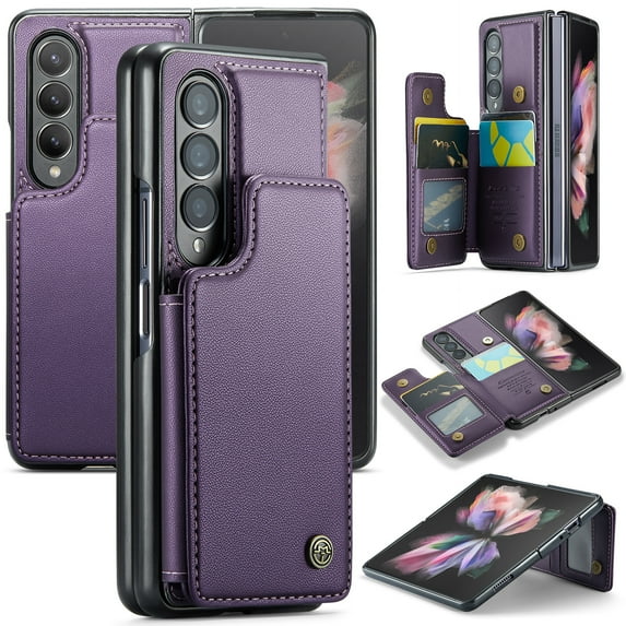 for Samsung Galaxy Z Fold 3 Premium PU Leather Back Case, Multiple Card Slots Design, Double Magnetic Clasp Study Kickstand RFID Blocking Classic Phone Cover for Samsung Galaxy Z Fold 3, Purple