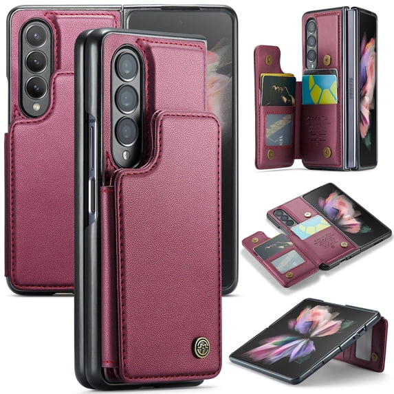 for Samsung Galaxy Z Fold 3 Premium PU Leather Back Case, Multiple Card Slots Design, Double Magnetic Clasp Study Kickstand RFID Blocking Classic Phone Cover for Samsung Galaxy Z Fold 3, Winered