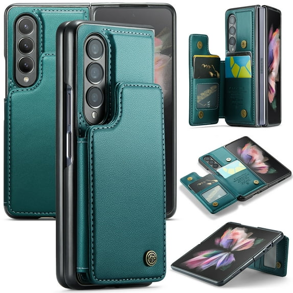 for Samsung Galaxy Z Fold 3 Premium PU Leather Back Case, Multiple Card Slots Design, Double Magnetic Clasp Study Kickstand RFID Blocking Classic Phone Cover for Samsung Galaxy Z Fold 3, Blue