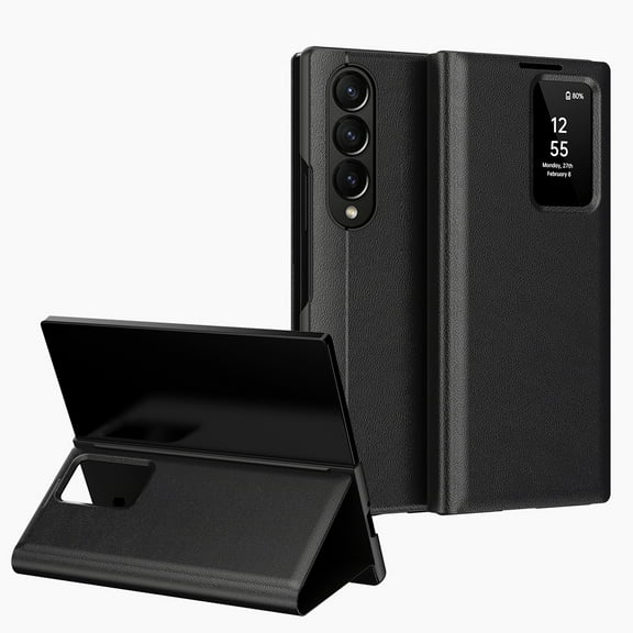 for Samsung Galaxy Z Fold 3 Smart Wallet Phone Case, Protective Cover with Smart Small Screen View, Finger Tap Control, Slim Design, Card Holder Pocket, PU Leather Flip Cover, Black