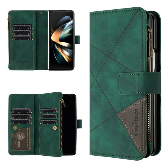 for Samsung Galaxy Z Fold 3 Wallet Case with Credit Card Slots and Cash Slot Zipper Pocket, PU Leather Multi Card Function Magnetic Clasp Kickstand Full Body Shockproof Cover for Galaxy Z Fold 3,Green