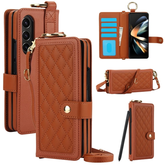 for Samsung Galaxy Z Fold 3 Wallet Case with S Pen Holder & Crossbody Lanyard Strap & RFID Blocking Card Slots, Shockproof Stylish Ring Buckle Wristband Stand Purse Protective Cover, Brown