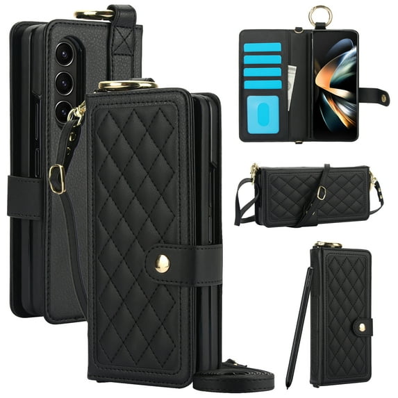 for Samsung Galaxy Z Fold 3 Wallet Case with S Pen Holder & Crossbody Lanyard Strap & RFID Blocking Card Slots, Shockproof Stylish Ring Buckle Wristband Stand Purse Protective Cover, Black