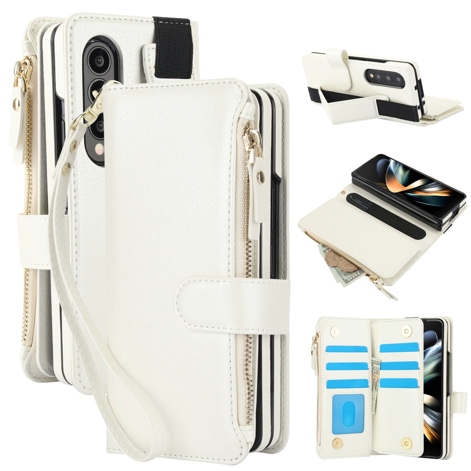 for Samsung Galaxy Z Fold 3 Wallet Case with S Pen Holder, Magnetic Closure with RFID Blocking ID Card Slots Zipper Purse PU Leather Flip Kickstand Lanyard Phone Case,White