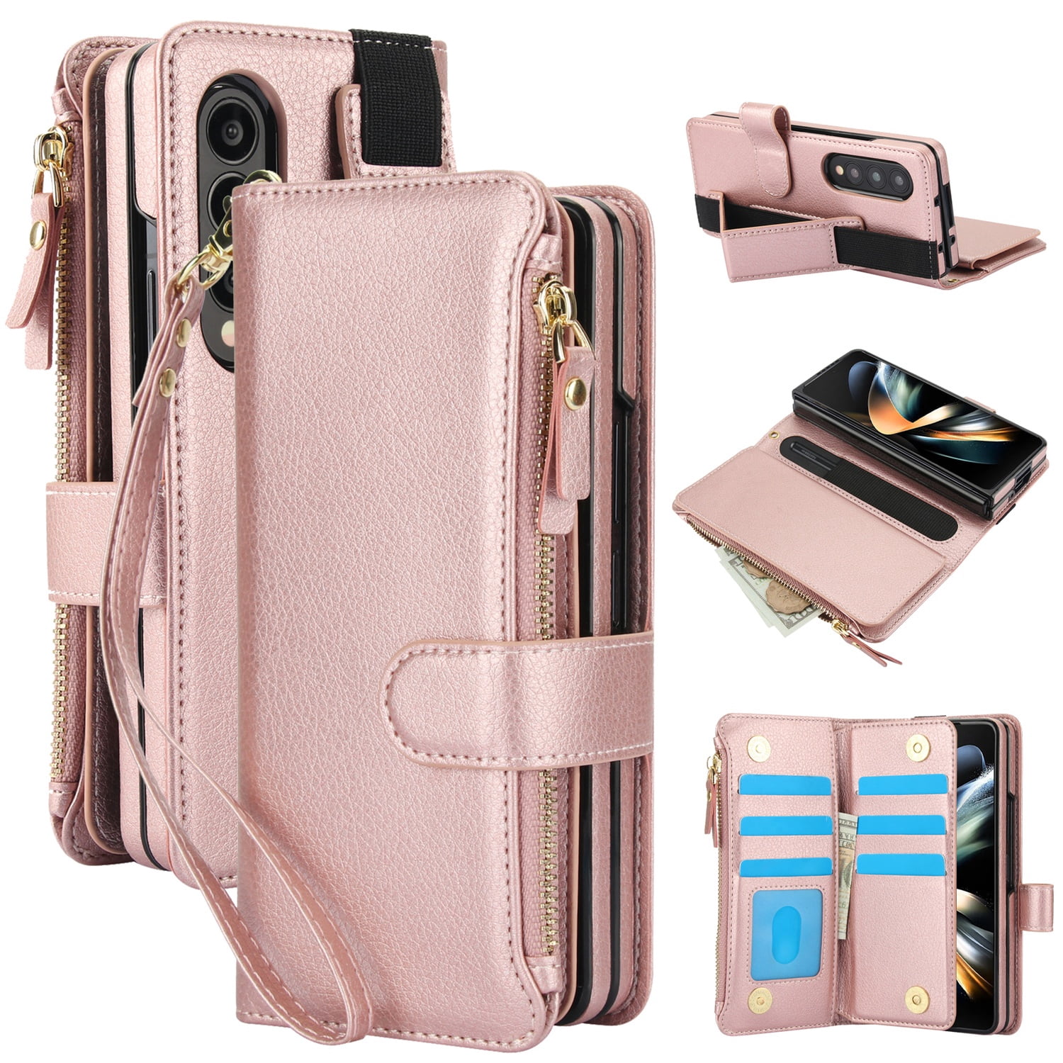 for Samsung Galaxy Z Fold 3 Wallet Case with S Pen Holder, Magnetic Closure with RFID Blocking ID Card Slots Zipper Purse PU Leather Flip Kickstand Lanyard Phone Case,Rosegold