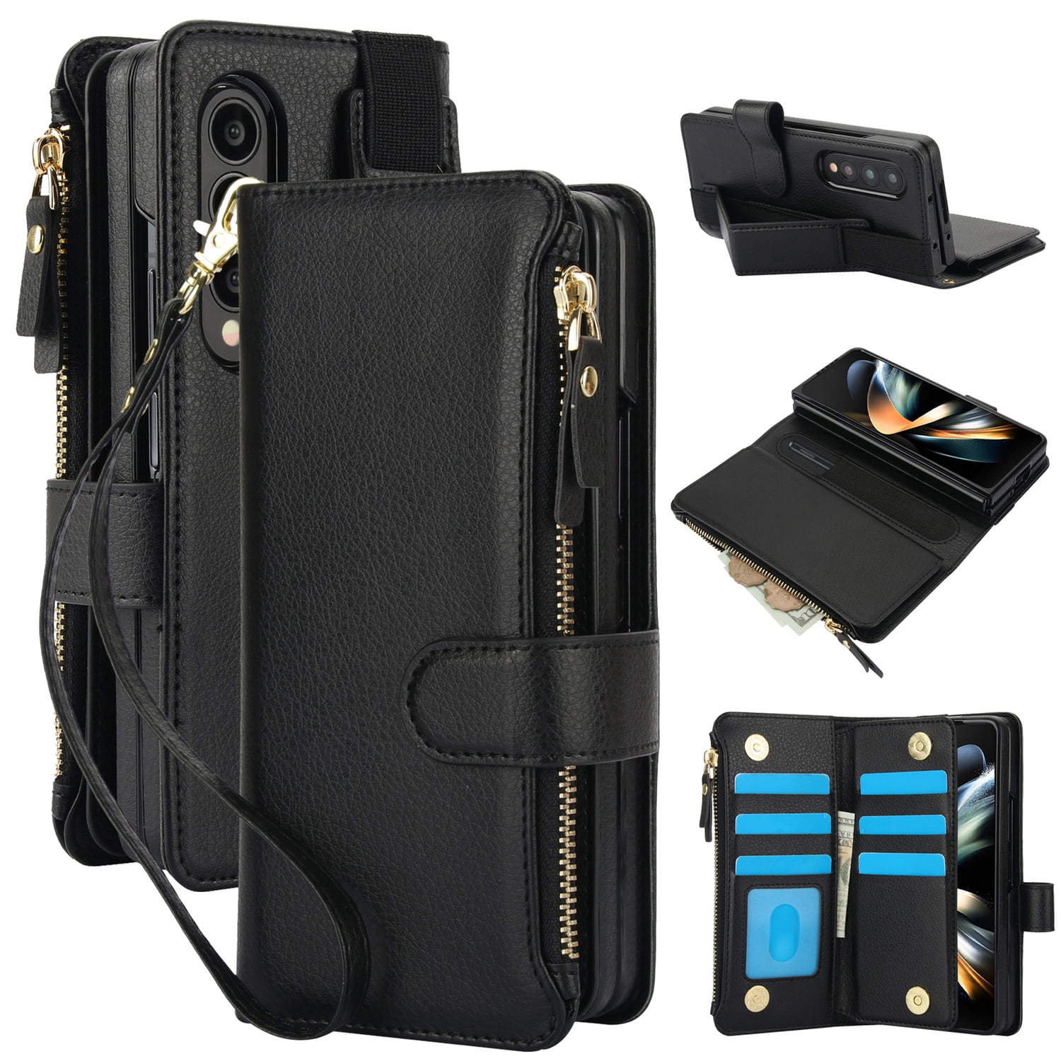 for Samsung Galaxy Z Fold 3 Wallet Case with S Pen Holder, Magnetic Closure with RFID Blocking ID Card Slots Zipper Purse PU Leather Flip Kickstand Lanyard Phone Case,Black