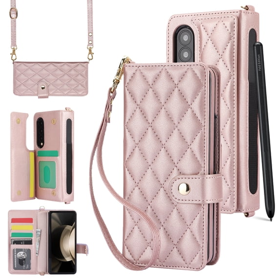for Samsung Galaxy Z Fold 3 Wallet Case with S Pen Holder, PU Leather Strap Wristlet Flip Case with Magnetic Closure, Card Holder and Kickstand with Shoulder Strap for Z Fold 3 5G, Rosegold