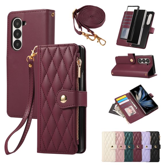 for Samsung Galaxy Z Fold 3 Wallet Case with Zipper Pocket Card Holder & Crossbody Lanyard Strap & Wrist Strap, Flip Stand PU Leather Magnetic Folio Purse Case for Samsung Galaxy Z Fold 3, Winered