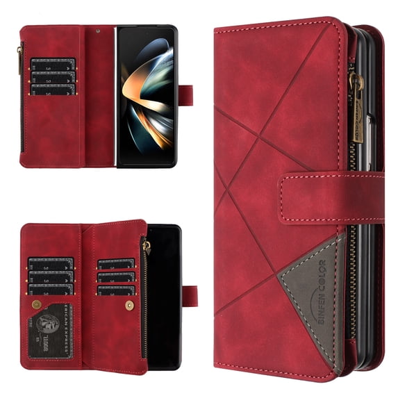 for Samsung Galaxy Z Fold 3 Wallet Case with Zipper Pocket and Credit Card Slots, Cash Holder, Premium PU Leather Magnetic Clasp Full Body Protection Cover for Samsung Galaxy Z Fold 3, Red