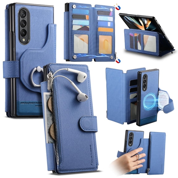 For Samsung Galaxy Z Fold 4 2-in-1 Phone Case,Magnetic Detachable Flip,With Zipper Pocket,Card Slots,Ring Holder,PU Leather Flip Fold Kickstand,Support Wireless Charging,Shokcproof Case,Blue