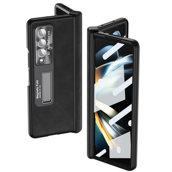 for Samsung Galaxy Z Fold 4 5G 7.6 inch Case with Hinge Protection, Full Body Case with Magnetic Kickstand & Tempered Glass Screen Protector PU Leather Phone Case for Galaxy Z Fold 4 2022,Black