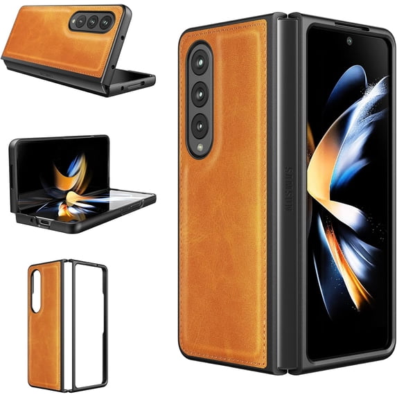 for Samsung Galaxy Z Fold 4 5G Case, Galaxy Z Fold 4 Leather Case, PU Leather + Hard PC Shell Ultra Thin Slim Durable Protective Phone Case Cover for Samsung Galaxy Z Fold 4 5G 2022 (Yellow)