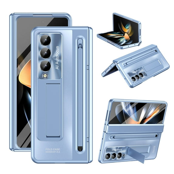 for Samsung Galaxy Z Fold 4 5G Case with New Slim S Pen Holder & Capacitance Pen, with Hinge Protection & Glass Screen Protector Stand Folding Case Cover for Samsung Galaxy Z Fold 4, Blue