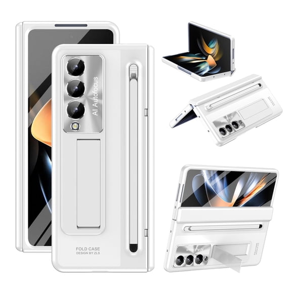 for Samsung Galaxy Z Fold 4 5G Case with New Slim S Pen Holder & Capacitance Pen, with Hinge Protection & Glass Screen Protector Stand Folding Case Cover for Samsung Galaxy Z Fold 4, White