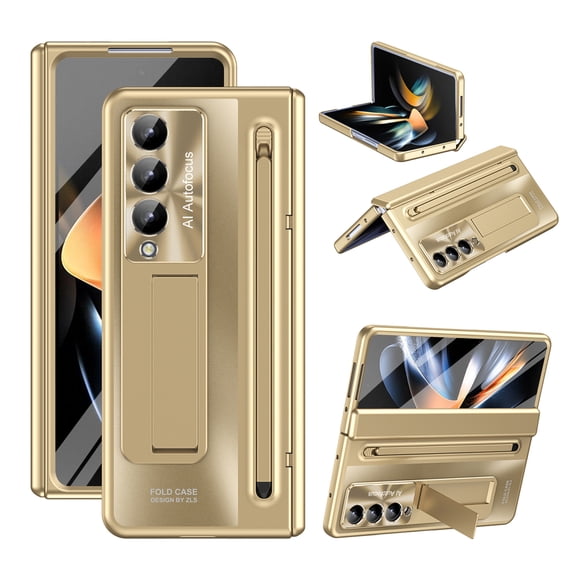 for Samsung Galaxy Z Fold 4 5G Case with New Slim S Pen Holder & Capacitance Pen, with Hinge Protection & Glass Screen Protector Stand Folding Case Cover for Samsung Galaxy Z Fold 4, Gold