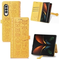 for Samsung Galaxy Z Fold 4 5G Case, Premium PU Leather Wallet Case [Cat & Dog & Flowers Embossed] Card Slots Kickstand Magnetic Closure Flip Case Cover for Samsung Galaxy Z Fold 4,Yellow