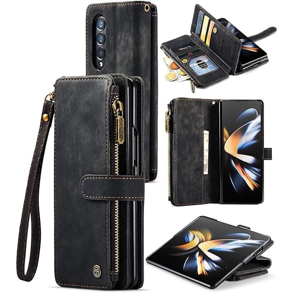 Samsung Galaxy Z Fold 4 5G Wallet Case with Card Holder,Kickstand Magnetic Zipper Pocket Lanyard Strap Wristlet, Leather Flip Case Wallet for Samsung Galaxy Z Fold 4 5G