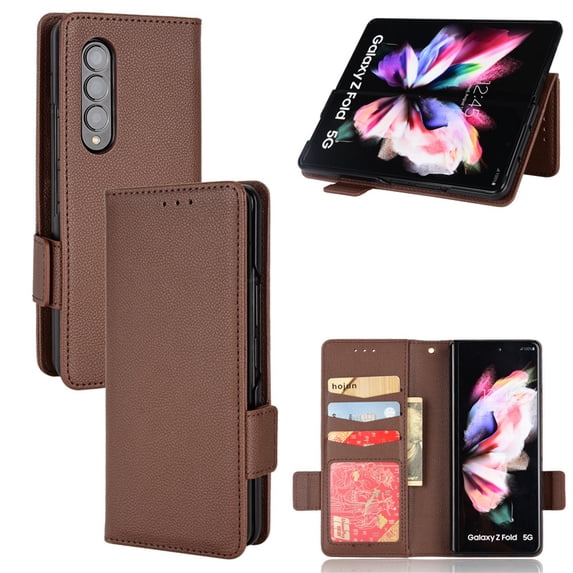 for Samsung Galaxy Z Fold 4 Case, Classic Design PU Leather Wallet Magnetic Closure Flip Case with Kickstand Card Holder Slot Shockproof Protective Cover for Samsung Galaxy Z Fold 4 5G - Brown