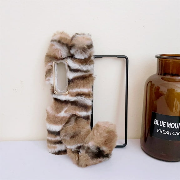 for Samsung Galaxy Z Fold 4 Case, Cute Case Girls Furry Faux Fur Case Flexible Silicon Soft Fluffy Shockproof Bumper Cover with Gold Plating Camera Lens Ring Case for Samsung Galaxy Z Fold 4, Brown