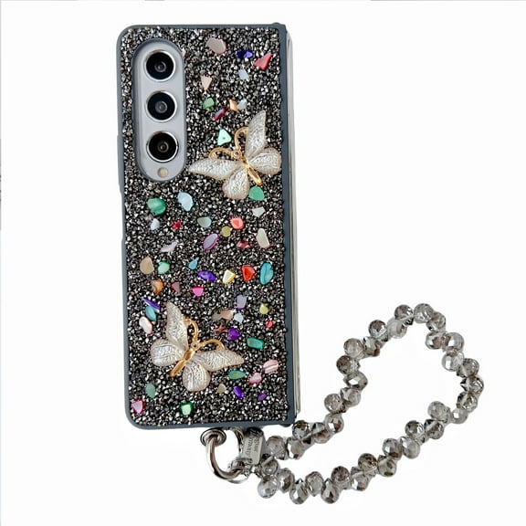 For Samsung Galaxy Z Fold 4 Case, Galaxy Z Fold 4 Cover 7.6",  Flash diamond 3D Full Body Gemstone stone butterfly With a bracelet for Women Girls Crystal Anti-Shock Phone Case,Black