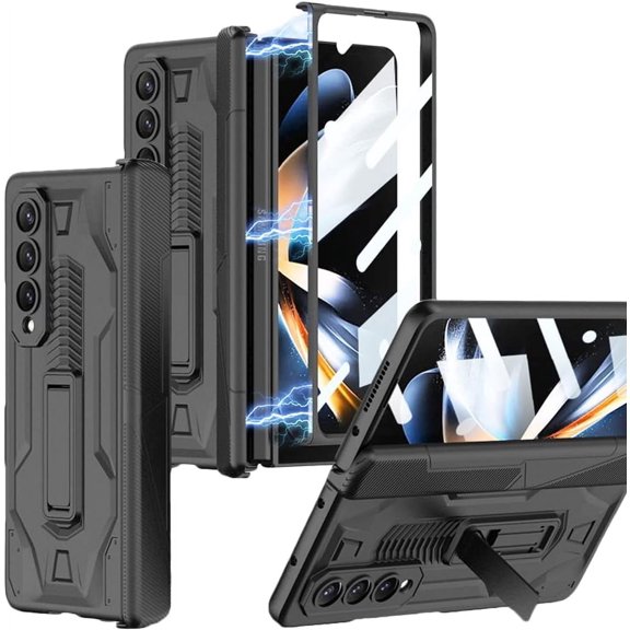 for Samsung Galaxy Z Fold 4 Case with Hinge Protection, Full Coverage Built in Screen Protector Shockproof PC Cover Kickstand Protective Phone Case for Z Fold 4 2022 - Black