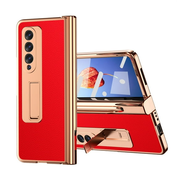 for Samsung Galaxy Z Fold 4 Case With Hinge Protection, Kickstand & Tempered Glass Screen Protector, Durable Full Coverage Heavy Duty PC + PU Leather Phone Case for Samsung Z Fold 4 5G 2022, Red