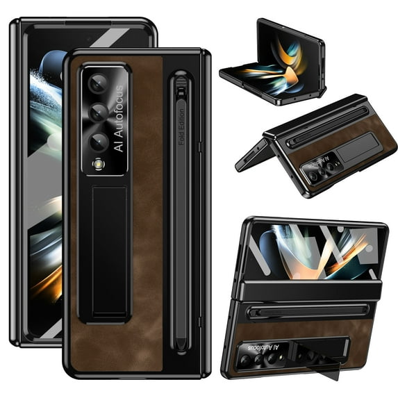 for Samsung Galaxy Z Fold 4 Case, with Hinge Protection, with S Pen Holder & S Pen PU Leahter Hard PC with Front Screen Protector Full Body Shockproof Case for Samsung Galaxy Z Fold 4 5G, Coffee