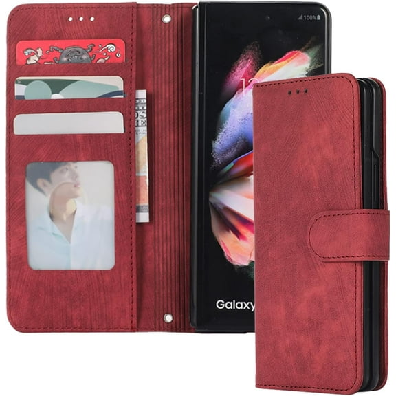 Samsung Galaxy Z Fold 4 Case Leather Wallet with S Pen Holder Card Slot Kickstand Z Fold 4 Wallet case Shockproof Full Cover Flip Leather case for Z Fold 4 (Red)