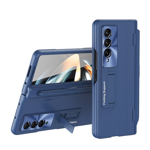 for Samsung Galaxy Z Fold 4 Case with Magnetic Hinge Protection, Stylus Holder & Stylus, Built-in Screen Protector Adjustable Stand Shockproof Thin PU Leather + Hard PC Folding Cover, Blue