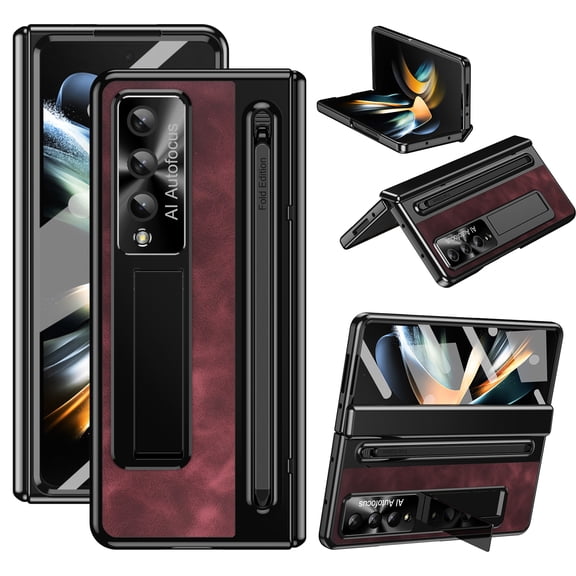 for Samsung Galaxy Z Fold 4 Case with S Pen Holder & Black Slim Stylus, For Samsung Galaxy Z Fold 4 Phone Case with Hinge Protection Kickstand Screen Protector Retro Leather Protective Case,Rose