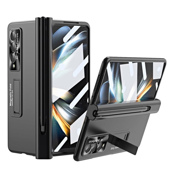 for Samsung Galaxy Z Fold 4 Case with S Pen Holder, [Come with S Pen Fold Edition] Drop Proof Kickstand All-inclusive Plating Folding Phone Case Cover for Samsung Z Fold 4 5G 2022, Black