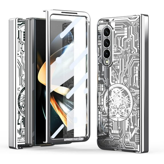 Samsung Galaxy Z Fold 4 Case with Screen Protector, Fold 4 Case with Hinge Protection + Mechanical Legend Plating Texture Luxury Crystal Clear Case for Galaxy Z Fold 4 (Gold)