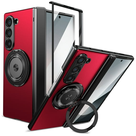 For Samsung Galaxy Z Fold 4 Case with Screen Protector, Ring Holder Kickstand Shockproof Rugged Full Body Protective Anti-Scratch Phone Case for Samsung Galaxy Z Fold 4, Red