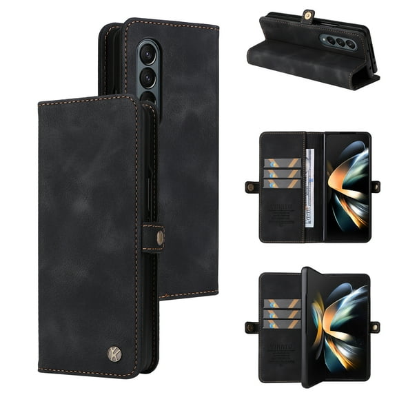for Samsung Galaxy Z Fold 4 Case Wallet with Card Holder, Premium Leather Galaxy Z Fold 4 Card Case for Women Men Protective Retro Slim Phone Case for Samsung Galaxy Z Fold 4 5G 2022 - Black