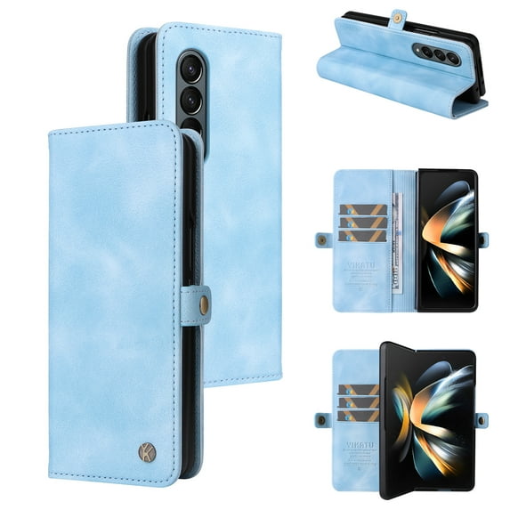 for Samsung Galaxy Z Fold 4 Case Wallet with Card Holder, Premium Leather Galaxy Z Fold 4 Card Case for Women Men Protective Retro Slim Phone Case for Samsung Galaxy Z Fold 4 5G 2022 - Lightblue