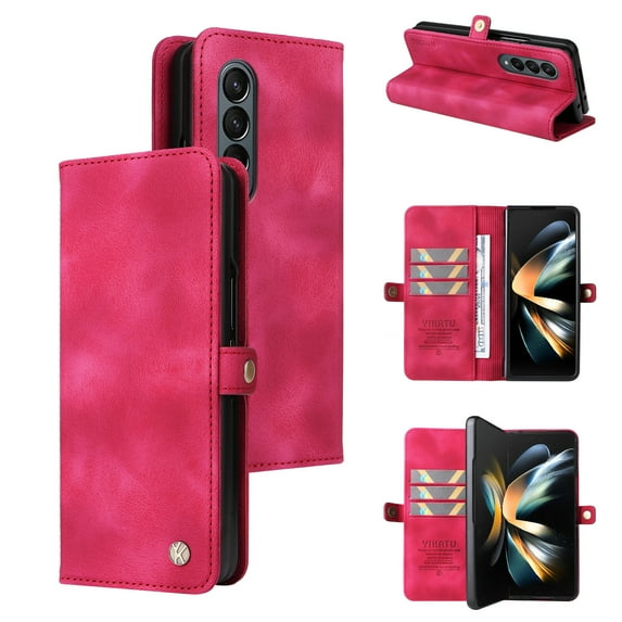 for Samsung Galaxy Z Fold 4 Case Wallet with Card Holder, Premium Leather Galaxy Z Fold 4 Card Case for Women Men Protective Retro Slim Phone Case for Samsung Galaxy Z Fold 4 5G 2022 - Red