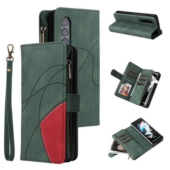 Samsung Galaxy Z Fold 4 Case Wallet with RFID Blocking Card Slot Soft PU Leather Zipper Flip Folio with Wrist Strap Protective Cover  Galaxy Z Fold 4 Case 7.6 inch,Green