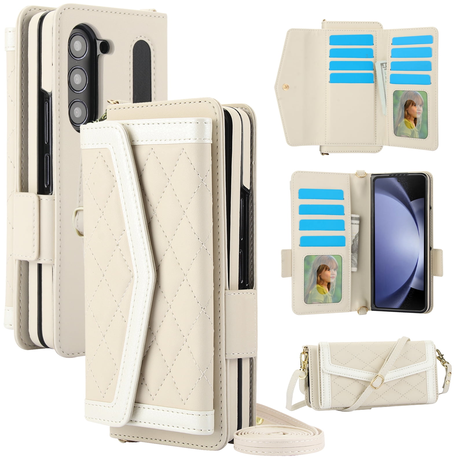 for Samsung Galaxy Z Fold 4 Case Wallet with S Pen Holder for Women, 12 Card Holder & 2 Cash Pocket & Shoulder Strap & Wristlet Flip Stand PU Leather Phone Case with RFID Blocking, Beige