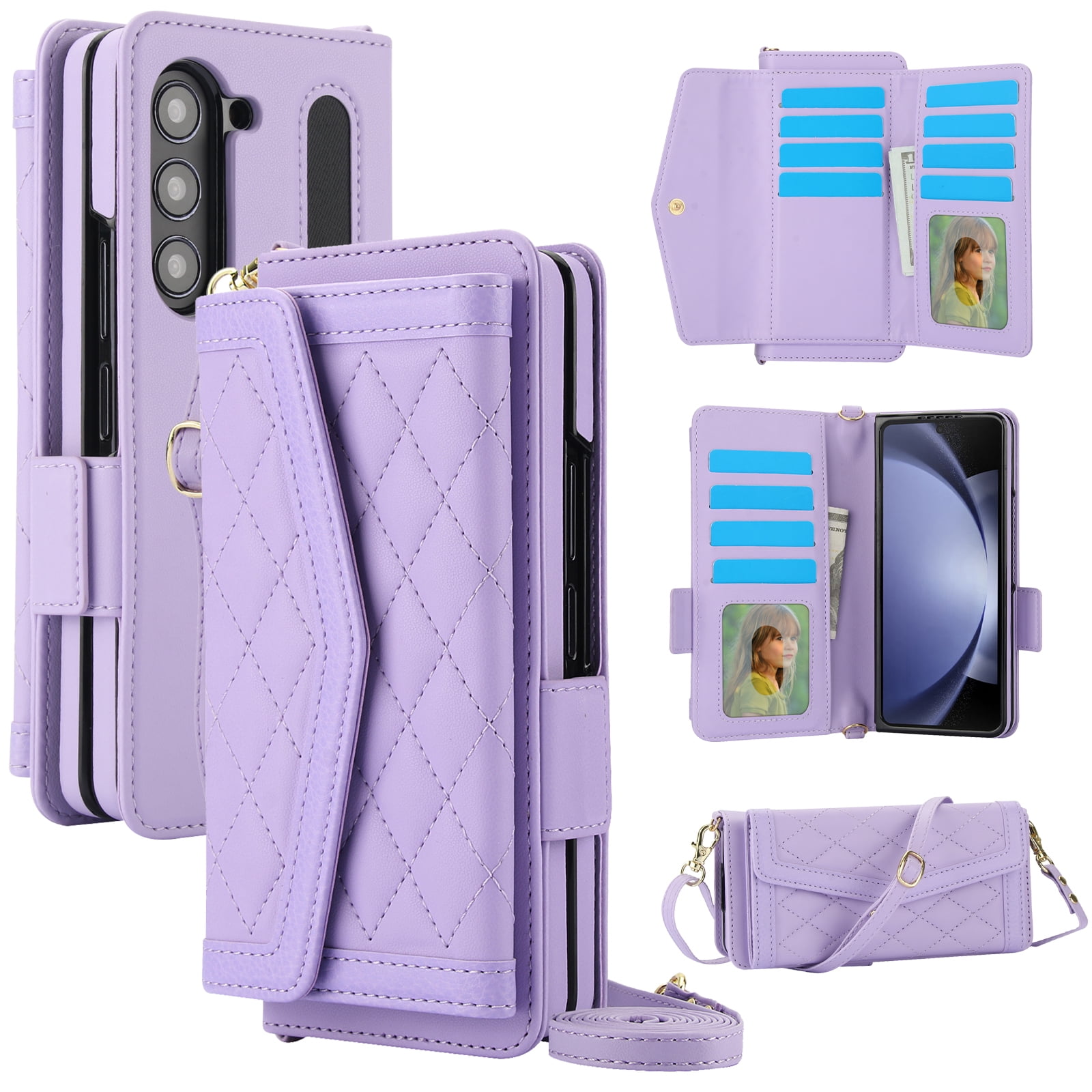 for Samsung Galaxy Z Fold 4 Case Wallet with S Pen Holder for Women, 12 Card Holder & 2 Cash Pocket & Shoulder Strap & Wristlet Flip Stand PU Leather Phone Case with RFID Blocking, Lightpurple