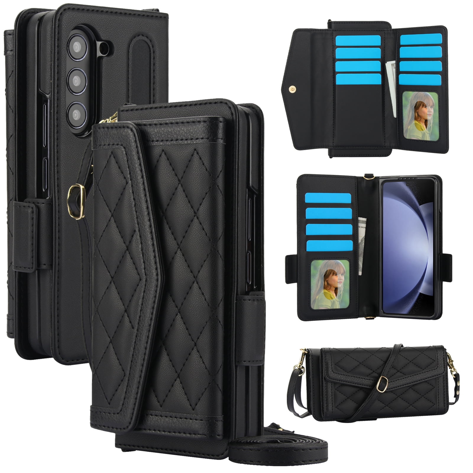 for Samsung Galaxy Z Fold 4 Case Wallet with S Pen Holder for Women, 12 Card Holder & 2 Cash Pocket & Shoulder Strap & Wristlet Flip Stand PU Leather Phone Case with RFID Blocking, Black