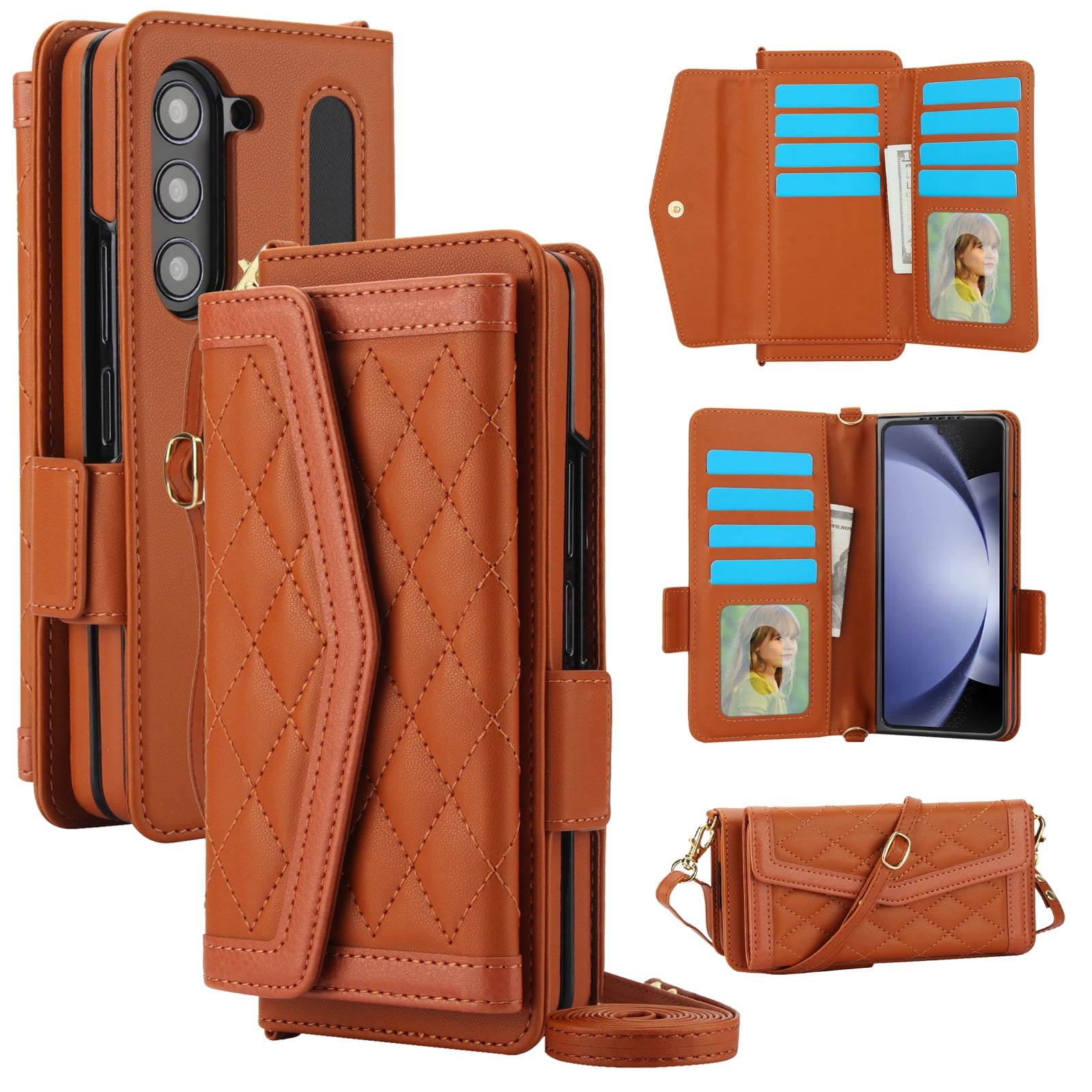 for Samsung Galaxy Z Fold 4 Case Wallet with S Pen Holder for Women, 12 Card Holder & 2 Cash Pocket & Shoulder Strap & Wristlet Flip Stand PU Leather Phone Case with RFID Blocking, Brown