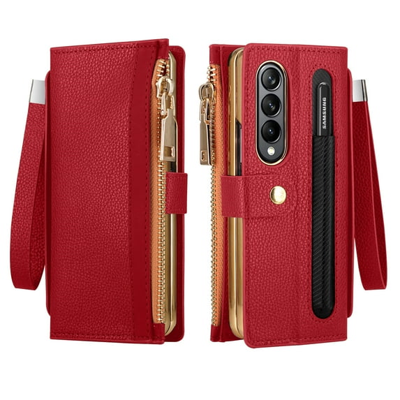 for Samsung Galaxy Z Fold 4 Case Wallet Women Men with Side Cash Pocket & Zipper Pocket, RFID Blocking PU Leather Kickstand Flip Plating TPU Bumper Phone Cover with Wrist Strap & Finger Grip, Red