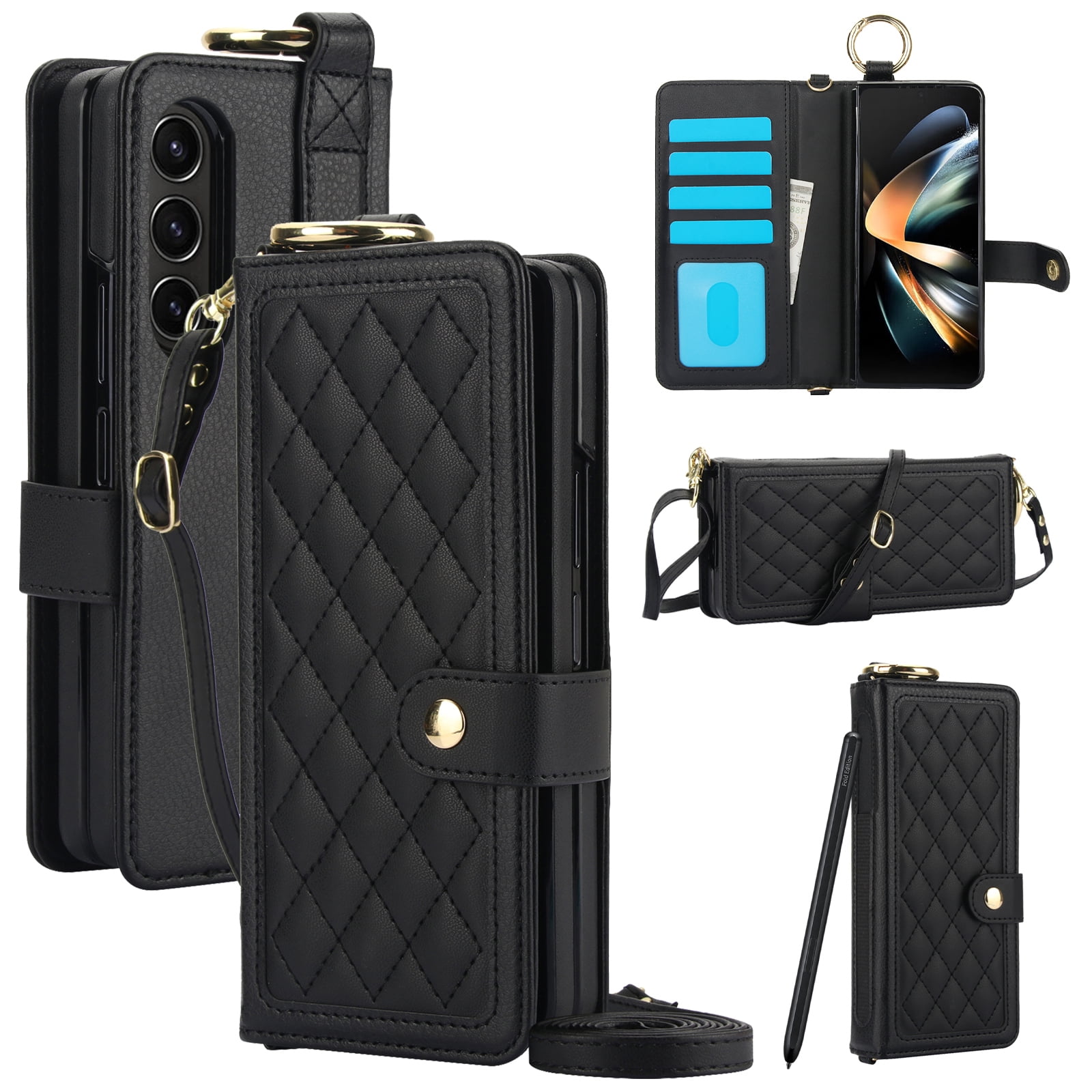 for Samsung Galaxy Z Fold 4 Crossbody Wallet Case, RFID Blocking Card Slots, Ring Buckle Luxury PU Leather Flip Phone Case with Pen Slot Lanyard Strap Wristband Kickstand Cover, Black