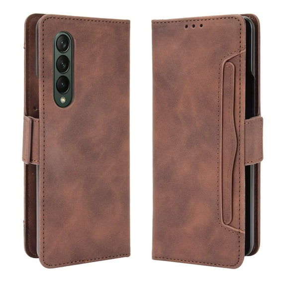 for Samsung Galaxy Z Fold 4 Flip Wallet Case - Card Holders and Cash Pocket - Vintage Premium PU Leather Cover, Luxurious Grip Stand Feature, Magnetic Clasps with Detachable Card Slots, Brown