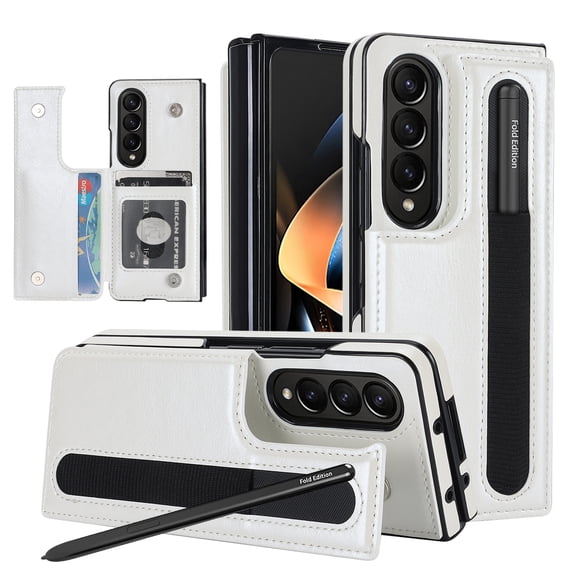 for Samsung Galaxy Z Fold 4 Folding Case, Classic Thin Slim Cover with S Pen Holder Card Holder Protective Magnetic Closure Kickstand Women Girls Case for Samsung Galaxy Z Fold 4 - White