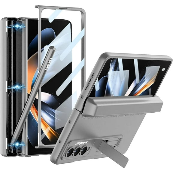 For Samsung Galaxy Z Fold 4 High Quality Case,Magnetic S Pen Holder Compatible Galaxy Z Fold 4 Case with Kickstand Screen Protector,Full Protection,Silver Color