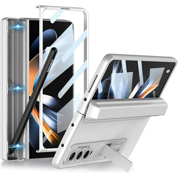 For Samsung Galaxy Z Fold 4 High Quality Case,Magnetic S Pen Holder Compatible Galaxy Z Fold 4 Case with Kickstand Screen Protector,Full Protection,Silver Color