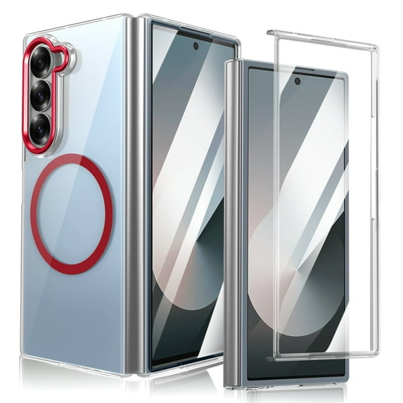 for Samsung Galaxy Z Fold 4 Magnetic Clear Case, Compatible with Wireless Charger and Magsafe, Simplistic Transparent Shockproof and Drop-Proof Case Fullbody Pro tection,Red