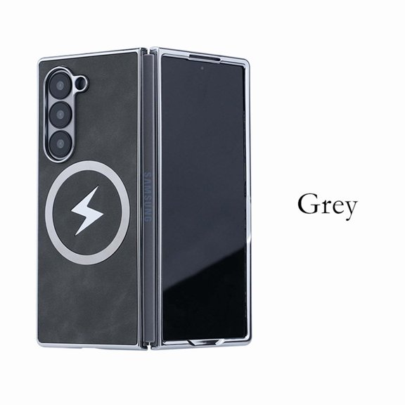 For Samsung Galaxy Z Fold 4 Magnetic Phone Case,Compatible with Mag-Safe,Anti-Scratch PU Leather Back,Lightning Pattern Design,PC Bumper Shockproof Ultra Slim Durable Phone Case,Gray