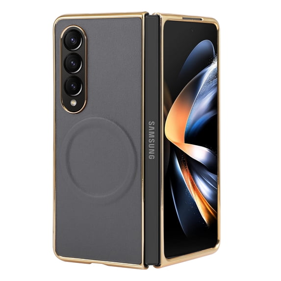 For Samsung Galaxy Z Fold 4 Magnetic Phone Case,Made From PU Leather + Hard PC,Luxurious Electroplated Frame Designing,Ultra Slim Thin Fit Shockproof Rugged Phone Case,Gray